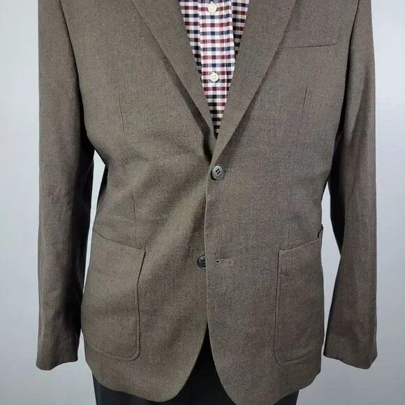 H&M Men's Flannel Sport Coat Blazer Two Button Brown Poly Blend‎ Regular Fit 42R
